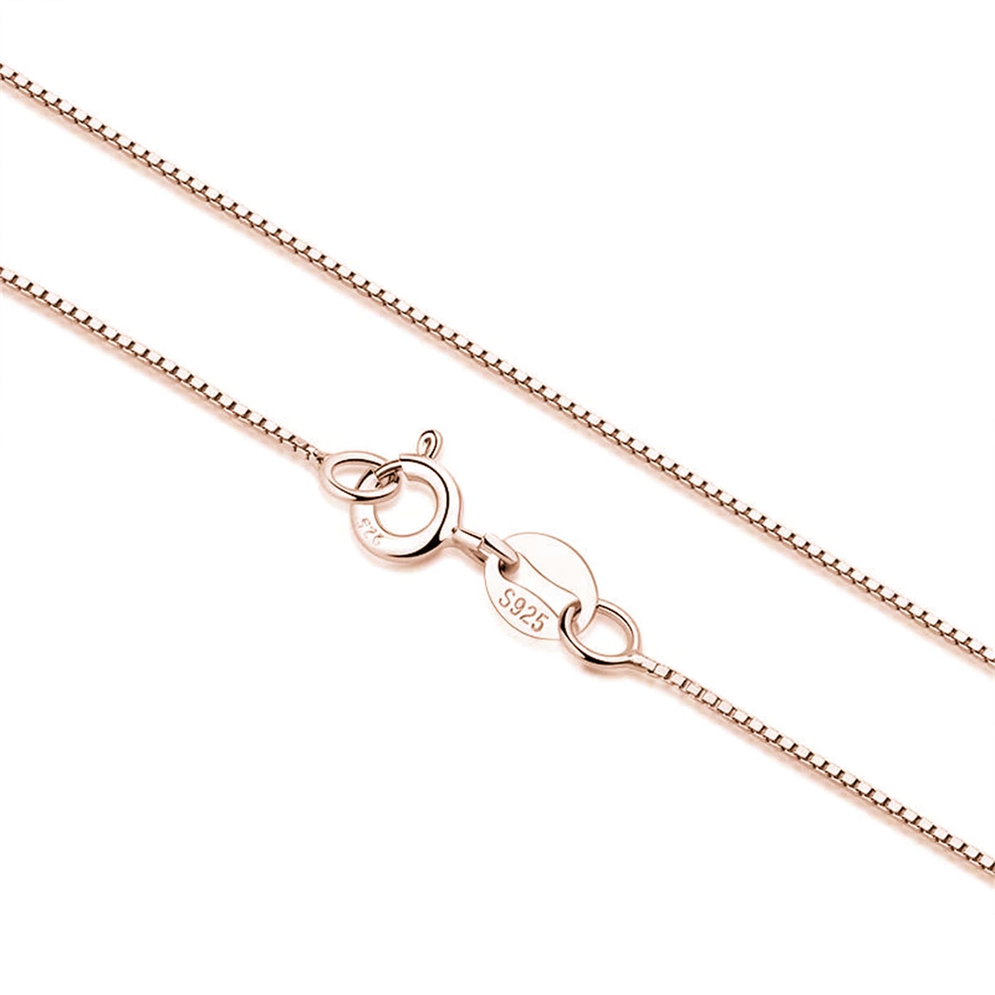 Rose gold box chain necklace with S925 clasp tag and oval links