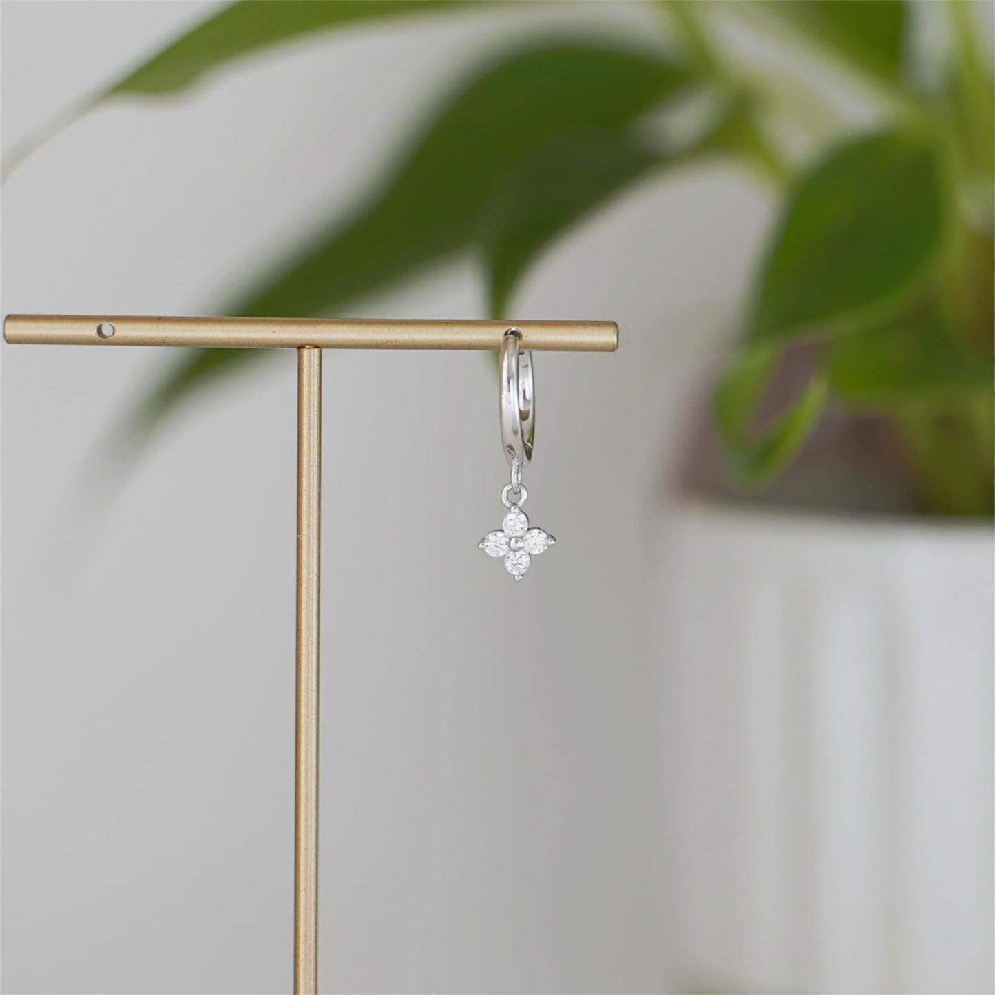 Sterling Silver Motif Flower Charm Drop CZ Hinged 9mm Hoop Huggie Earrings 2 Tones Rhodium 18K Gold