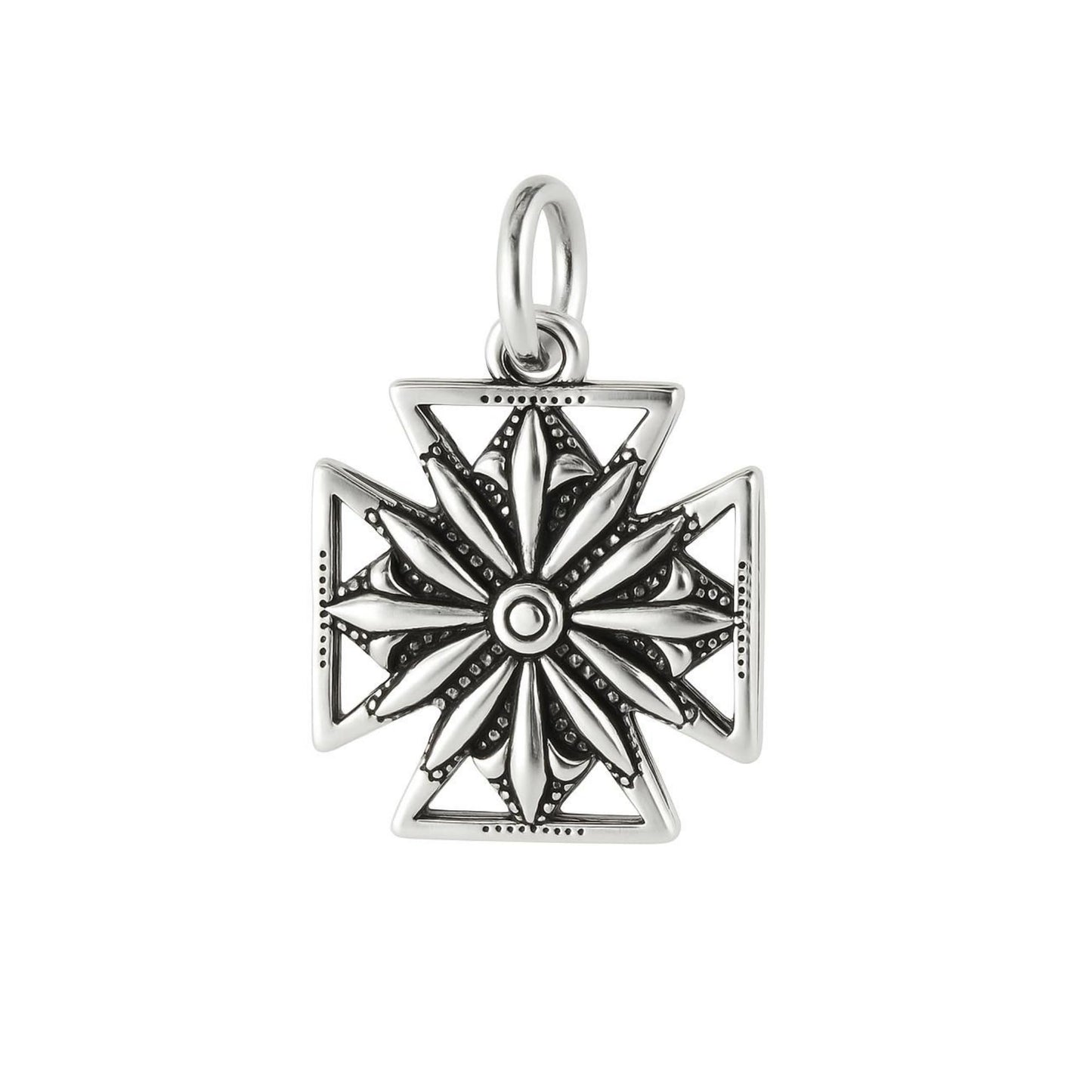 Oxidised Maltese star pendant with circular center and bail loop, silver tone finish