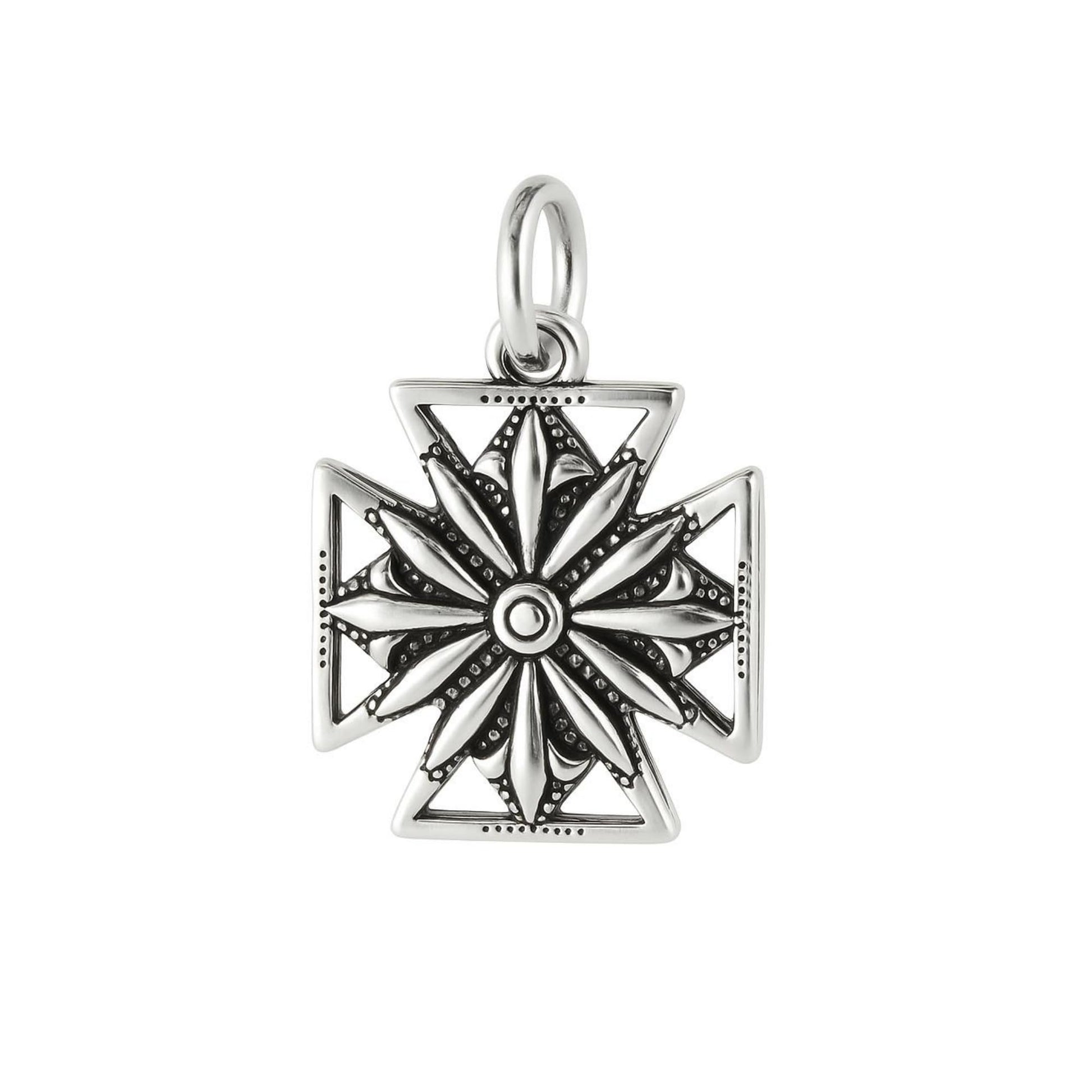 Oxidised Maltese star pendant with circular center and bail loop, silver tone finish