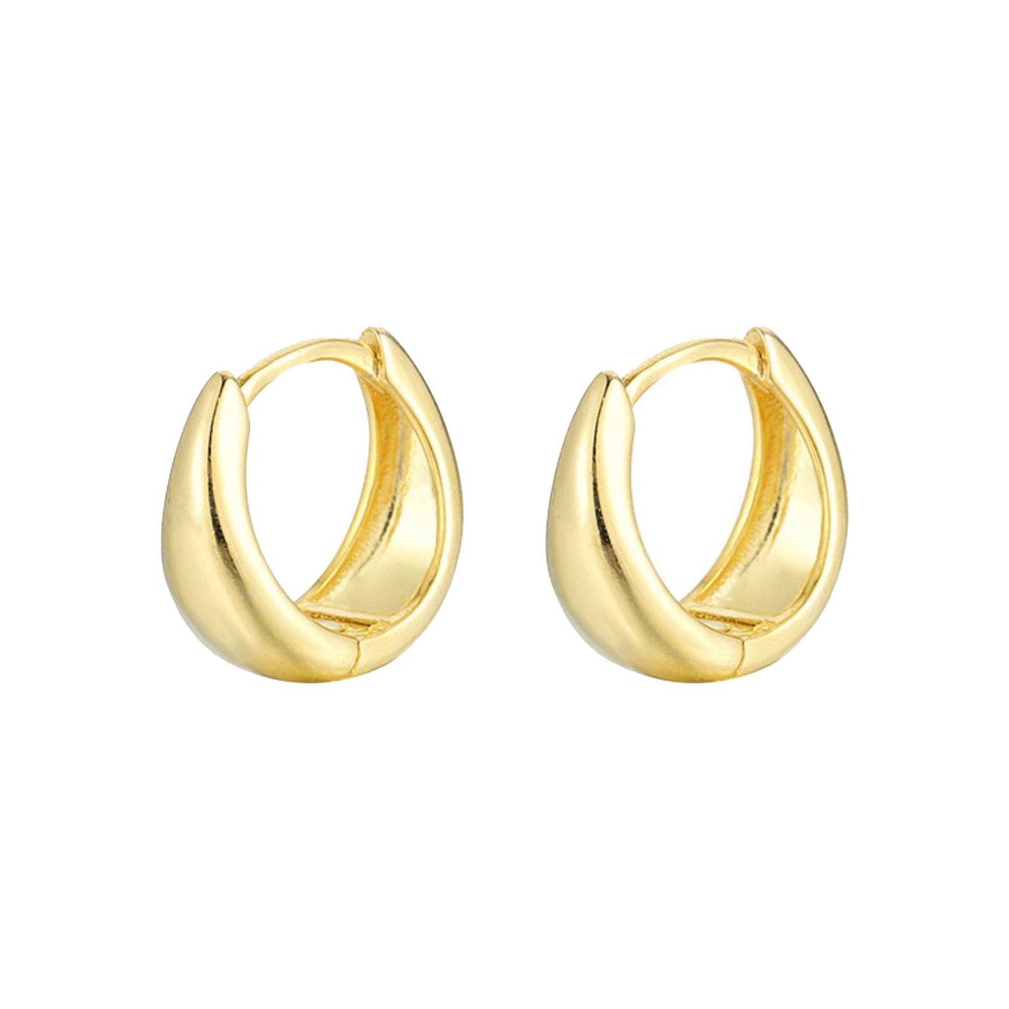 Gold teardrop hoop huggie earrings, close-up pair with smooth curved outer edge.