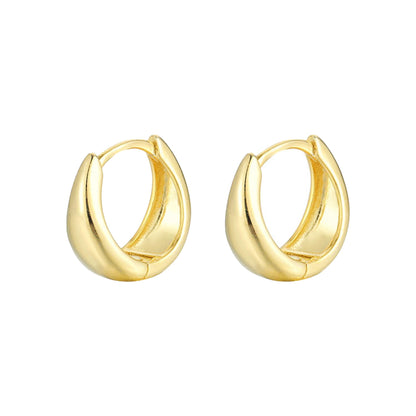 Gold teardrop hoop huggie earrings, close-up pair with smooth curved outer edge.