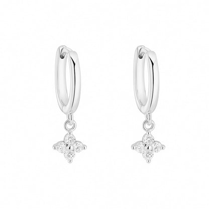 Sterling Silver Motif Flower Charm Drop CZ Hinged 9mm Hoop Huggie Earrings 2 Tones Rhodium 18K Gold