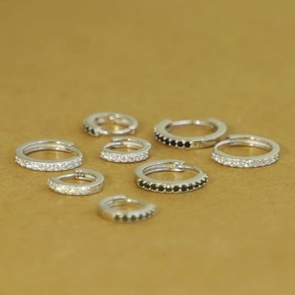 Sterling Silver 8mm 11mm Hoop Huggie White Black CZ Hinged Half Eternity Earrings