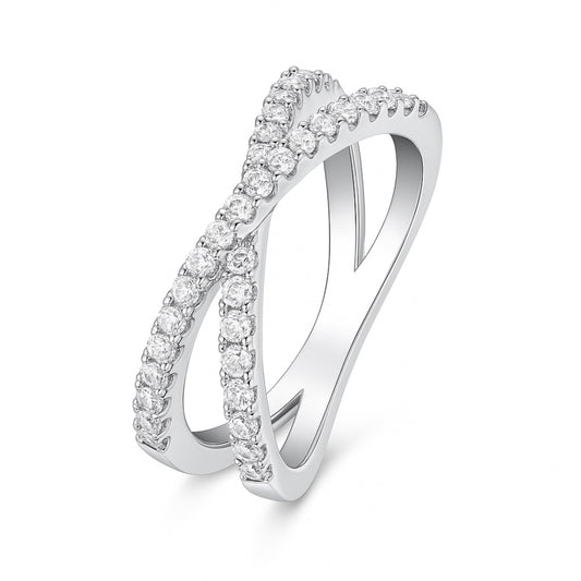 Infinity criss-cross ring, silver-tone with pavé stones on linked double bands