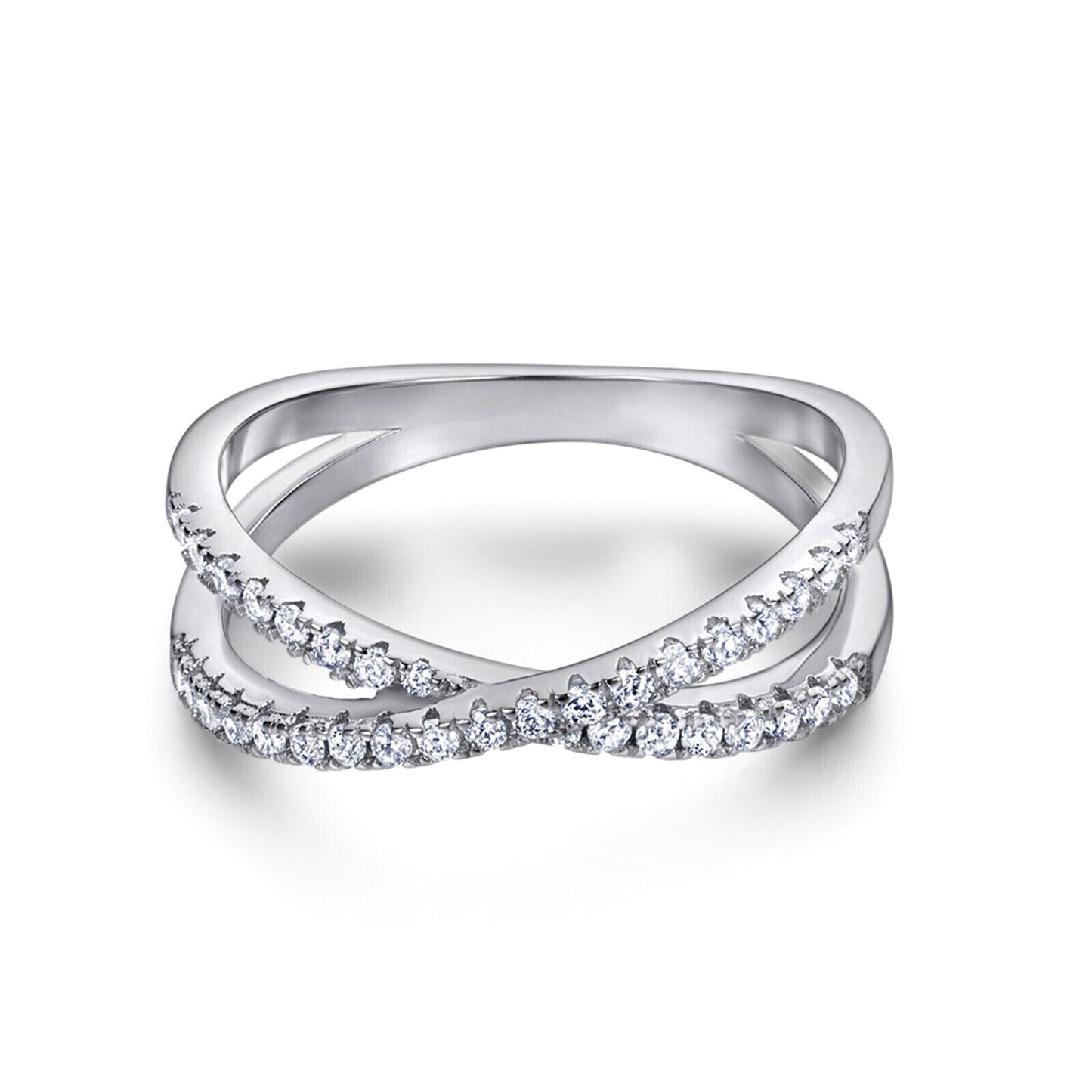 Sterling Silver Criss Cross Infinity Half Eternity 1.5mm Paved CZ Ring J - T1/2