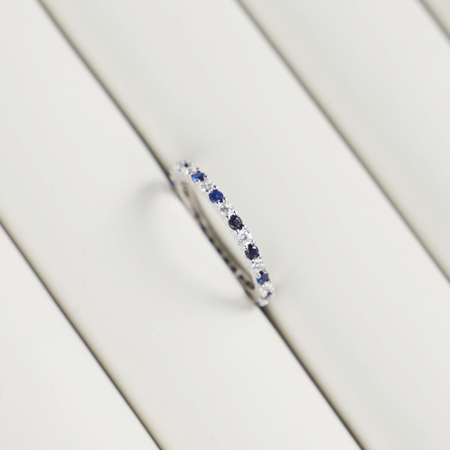 Sterling Silver Full Eternity 2mm Prong Set CZ White Blue Sapphire Band Ring