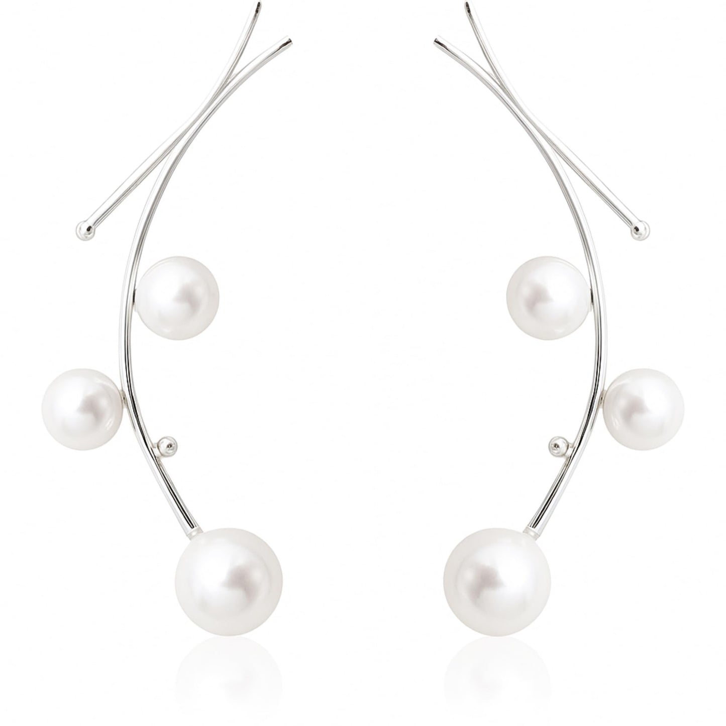 Pearl drop earrings with white shell pearls on thin silver wires, five dangling beads