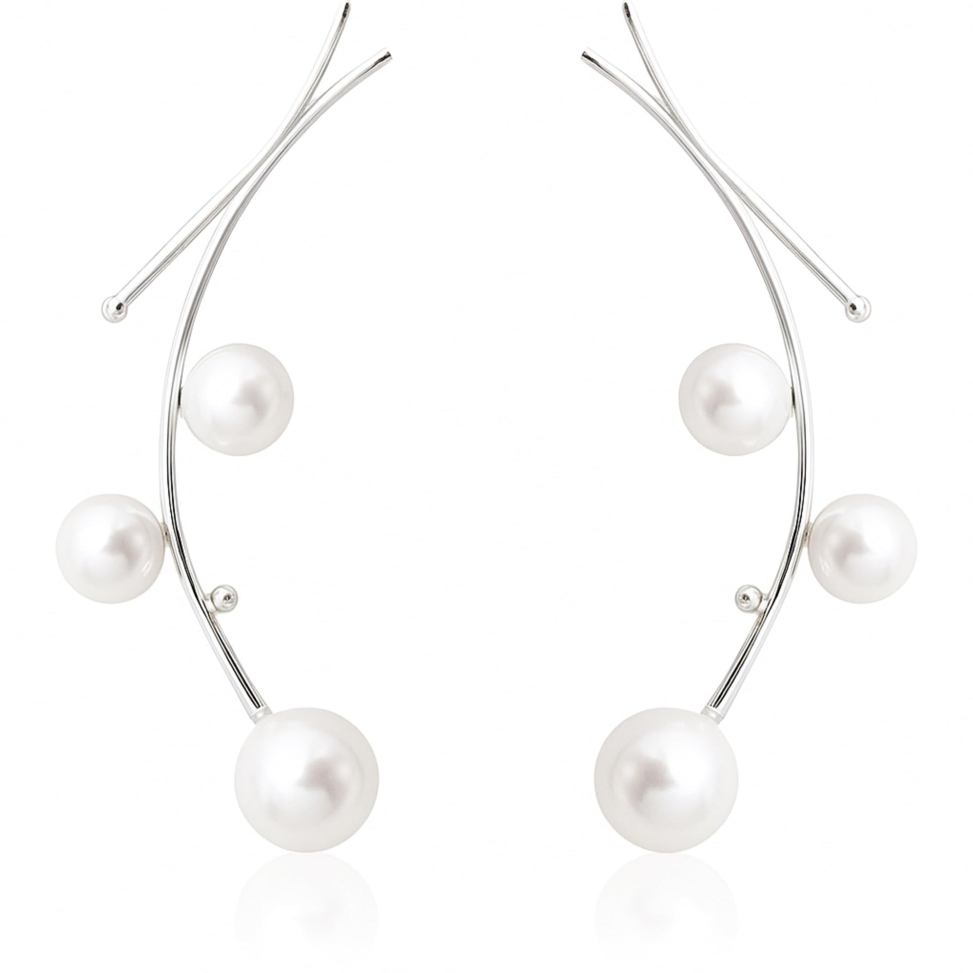 Pearl drop earrings with white shell pearls on thin silver wires, five dangling beads