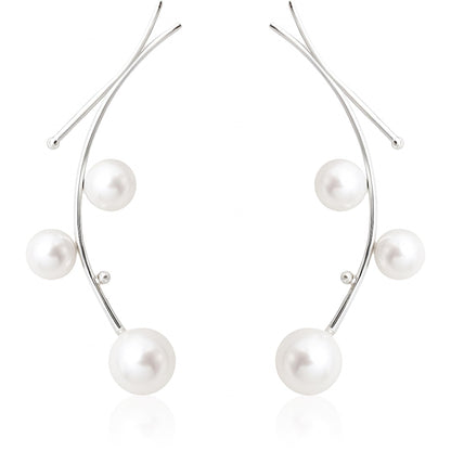 Pearl drop earrings with white shell pearls on thin silver wires, five dangling beads