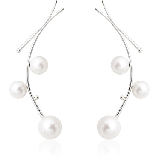 Sterling Silver Seashell Pearl Long Drop Mistletoe Branch Post Earrings