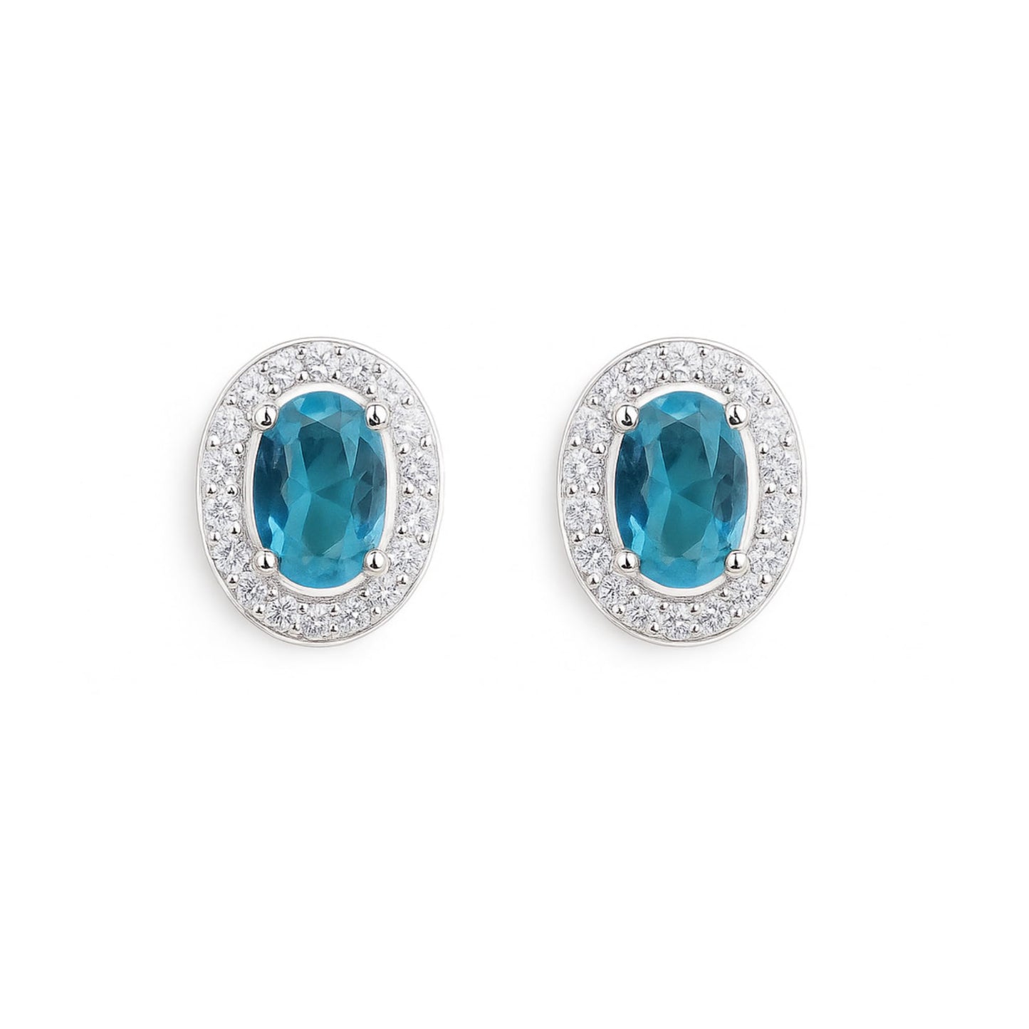 Oval halo CZ stud earrings, aquamarine-blue oval stones in silver-toned settings