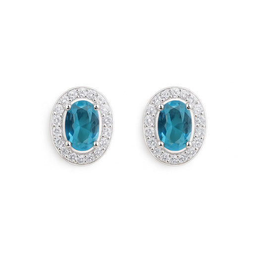 Sterling Silver Sapphire Blue / Ruby Red / Light Blue Aquamarine /Clear CZ Halo Stud Earrings 4mm x 6mm Main Stone