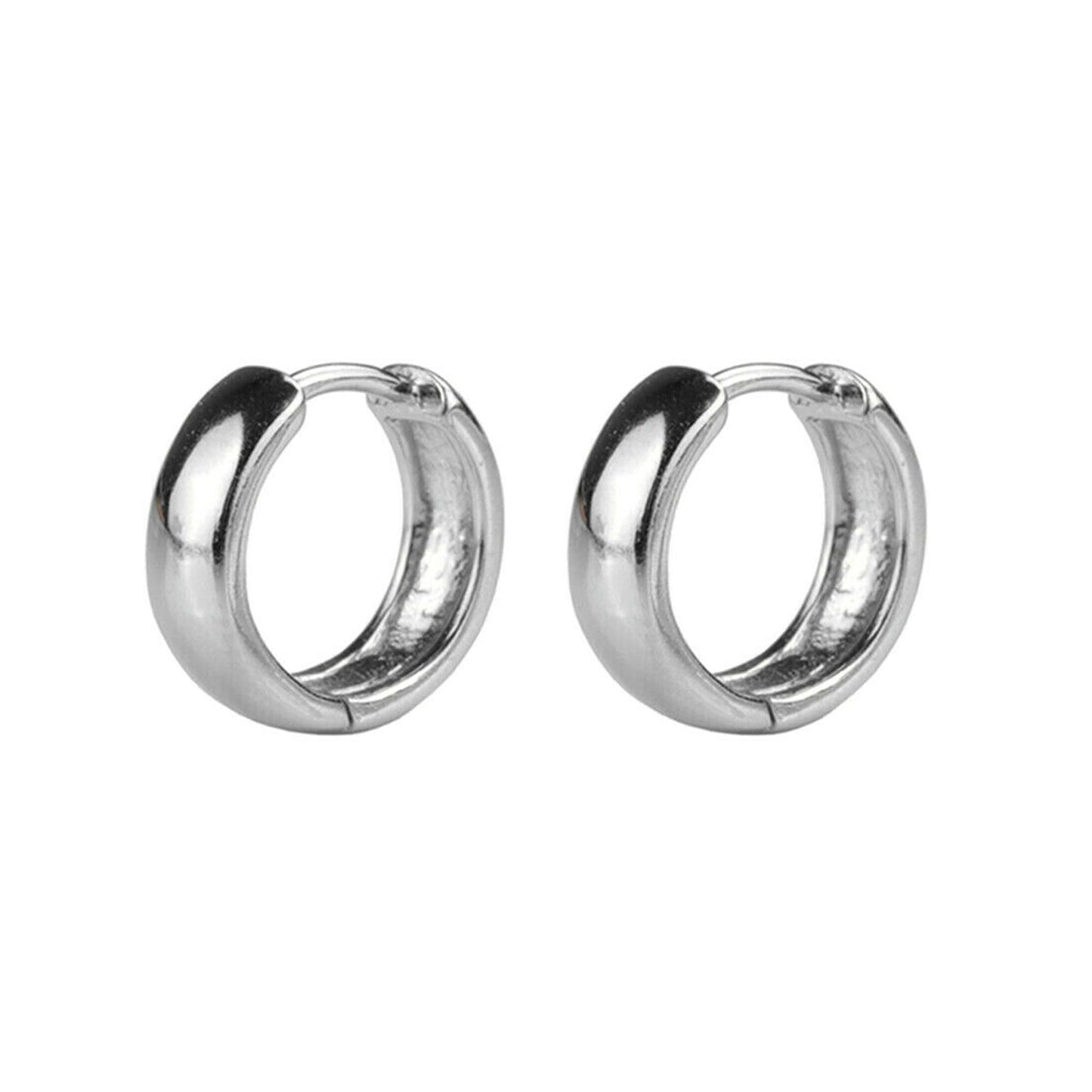 Silver-tone bold huggie hoop earrings, front view with dark center inset