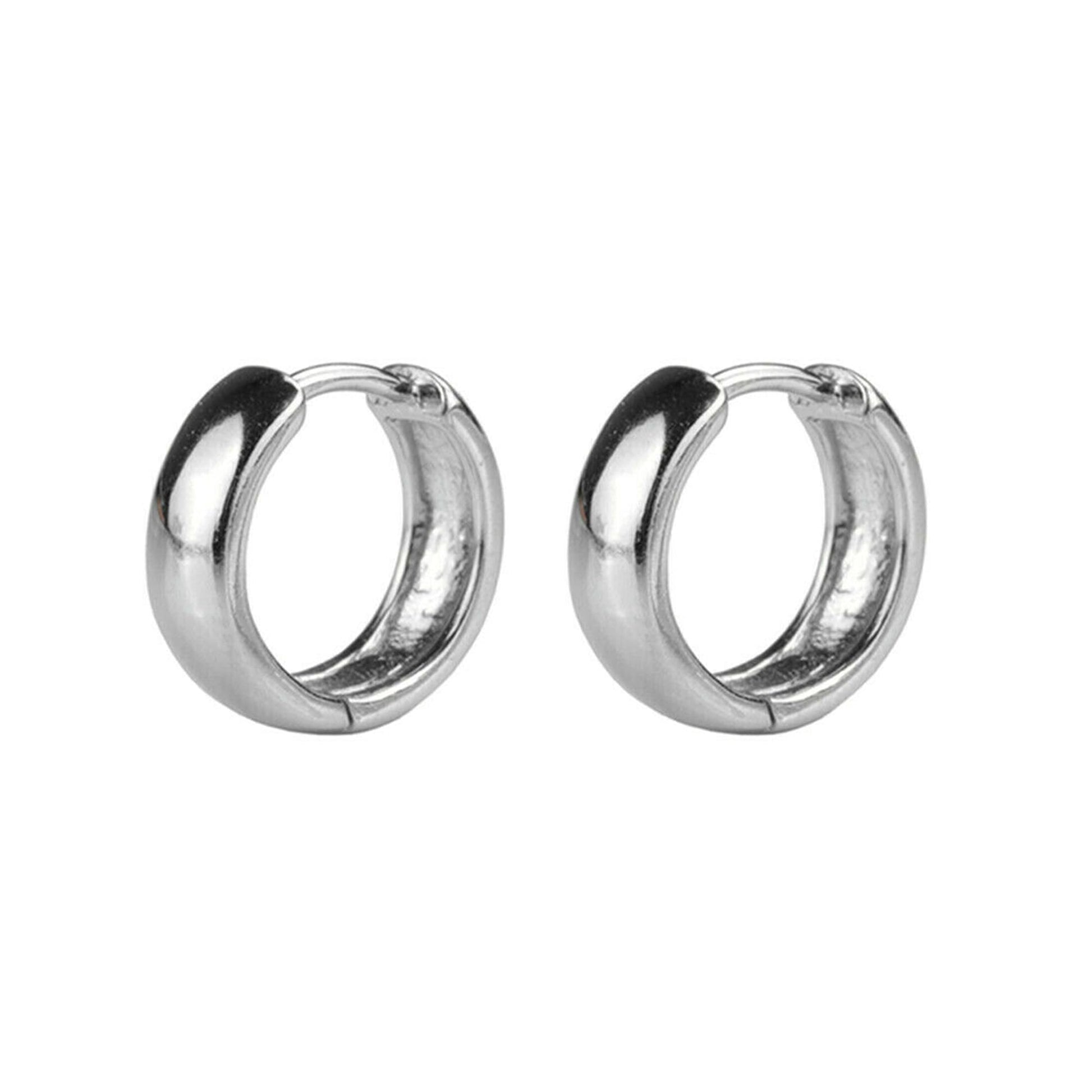 Silver-tone bold huggie hoop earrings, front view with dark center inset