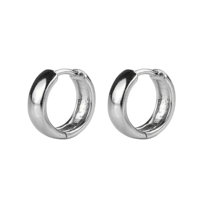 Silver-tone bold huggie hoop earrings, front view with dark center inset