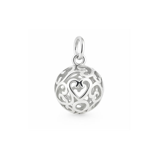 10mm Filigree 3D Heart Charm in silver tone, round locket-style with heart cutouts