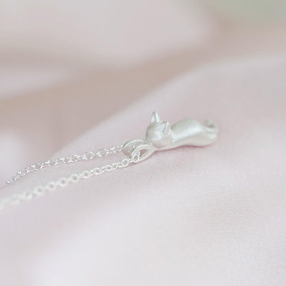 Sterling Silver Matte Hanging Cat Jumping Kitten Pendant Necklace