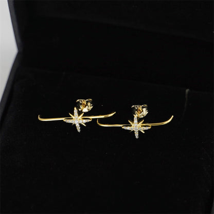 Sterling Silver 9mm North Pole Star Pave CZ Suspender Bar Cuff Stud Earrings 2 Tones Rhodium / 18K Gold