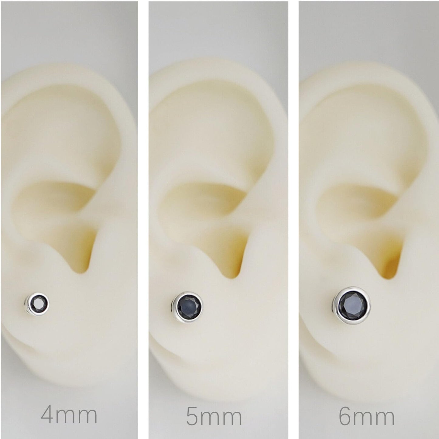 Sterling Silver CZ Solitaire Stud Earrings Round Bezel Set, Simulated Diamond, 3mm-8mm, Clear & Black, Unisex