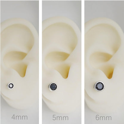 Sterling Silver CZ Solitaire Stud Earrings Round Bezel Set, Simulated Diamond, 3mm-8mm, Clear & Black, Unisex