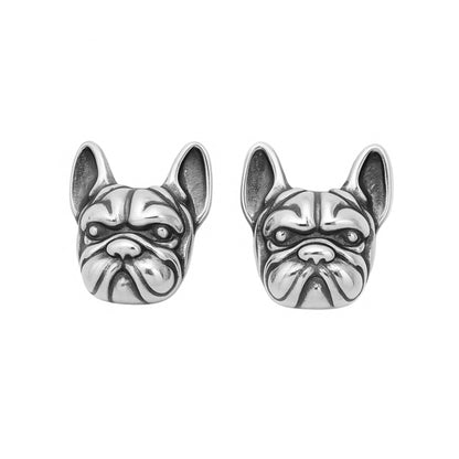 Oxidised bulldog stud earrings, side view of silver-tone dog face studs