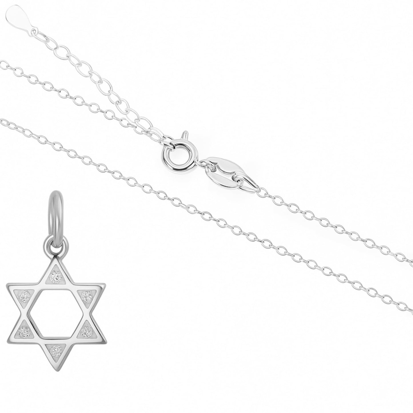 Silver chain necklace with Star of David pendant and six round gemstones