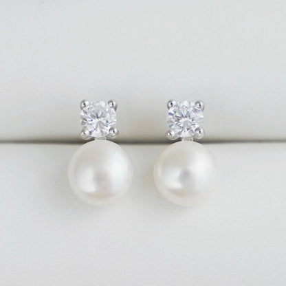 Sterling Silver 7-7.5MM Cultured White Freshwater Pearl 4mm CZ Studs Earrings