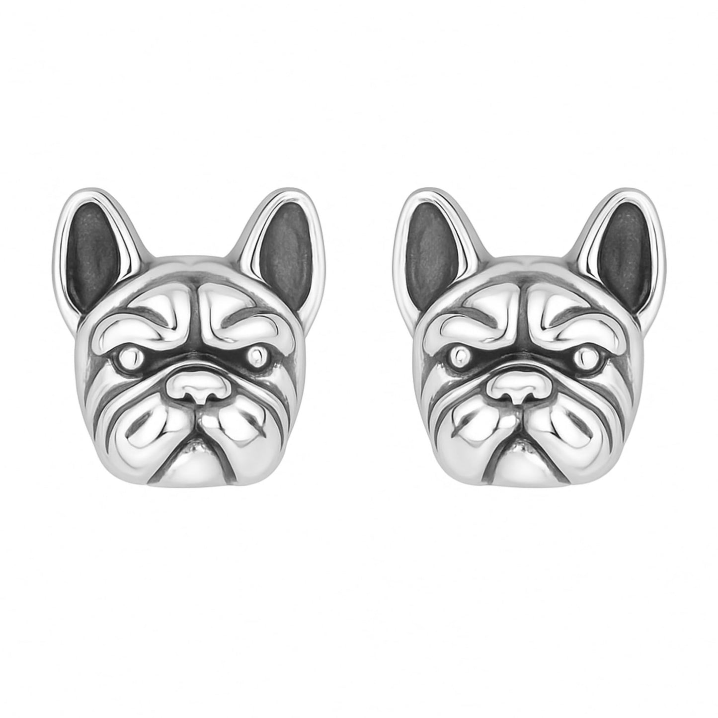Oxidised bulldog stud earrings, silver-tone dog face studs