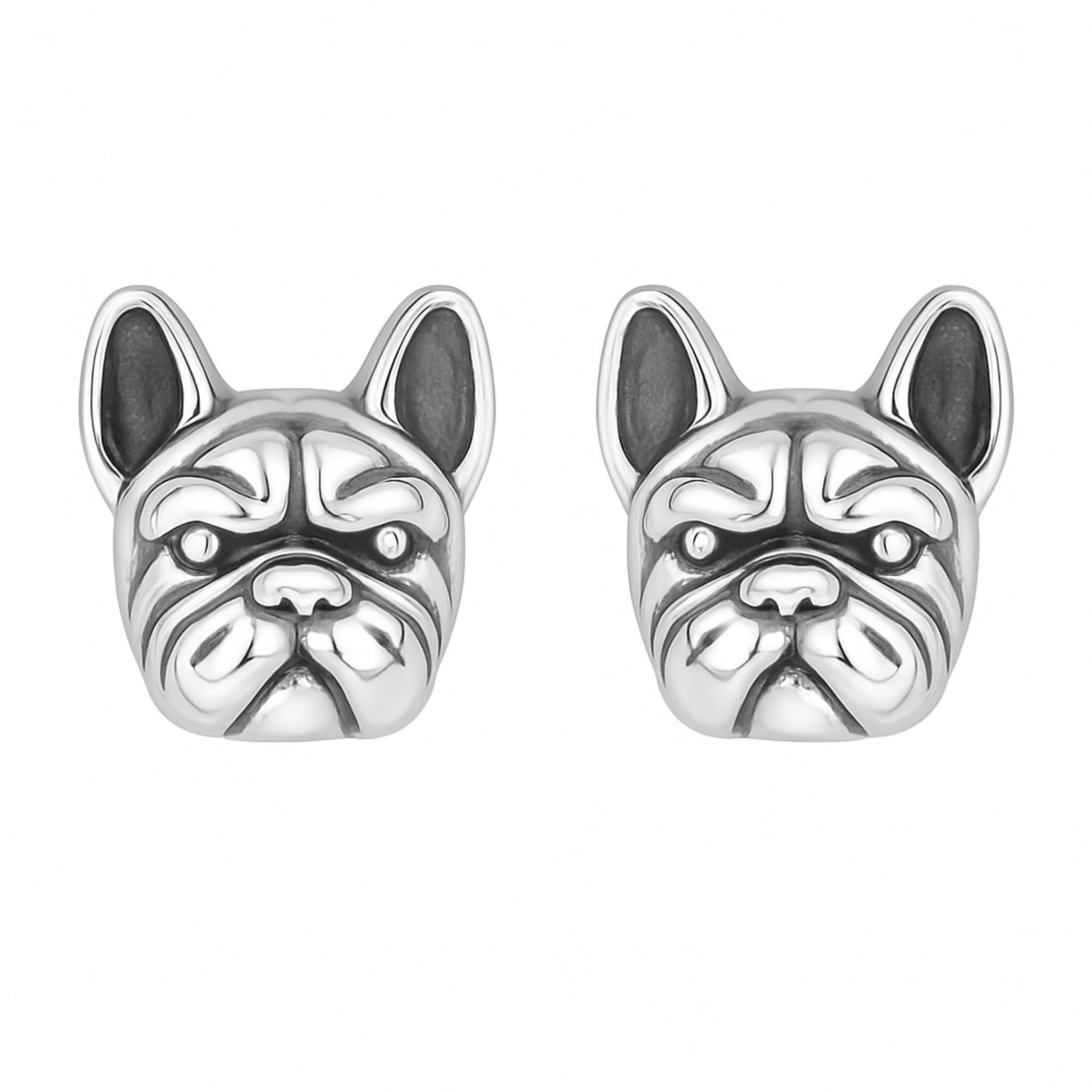 Oxidised bulldog stud earrings, silver-tone dog face studs