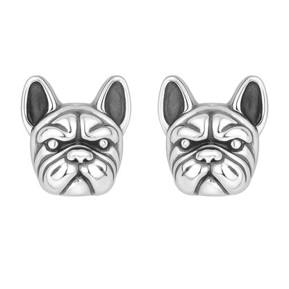 Oxidised bulldog stud earrings, silver-tone dog face studs