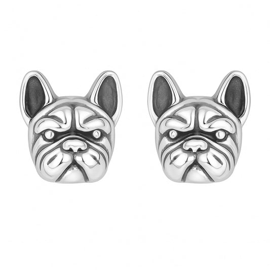 Sterling Silver Oxidised Bulldog Stud Earrings Unisex Jewellery