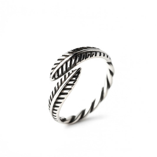 Sterling Silver Oxidised Feather Leaf Leaves Twisted Wire Knuckle Stacking Open Band Wrap Ring