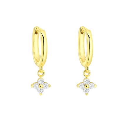 Sterling Silver Motif Flower Charm Drop CZ Hinged 9mm Hoop Huggie Earrings 2 Tones Rhodium 18K Gold