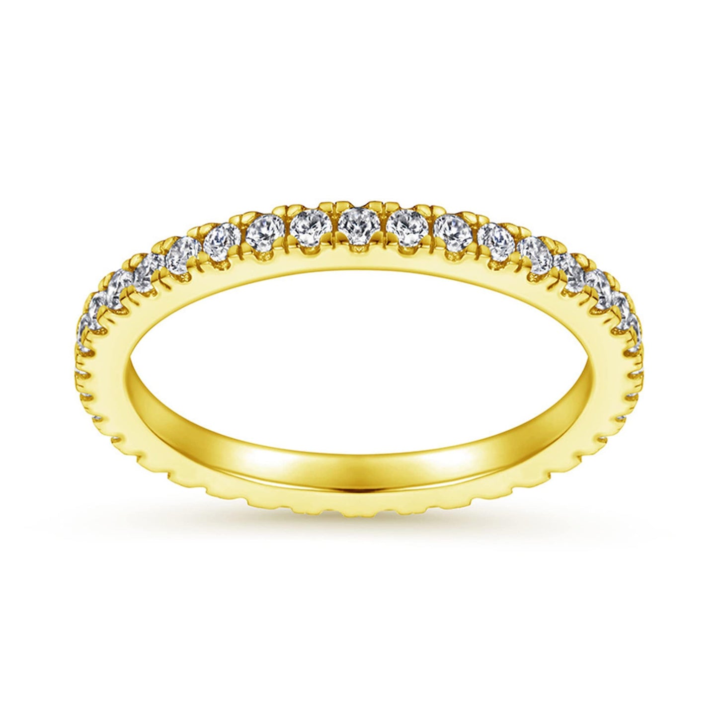 18K Gold on Sterling Silver Full Eternity 2mm Paved CZ Crystal Band Ring I - U