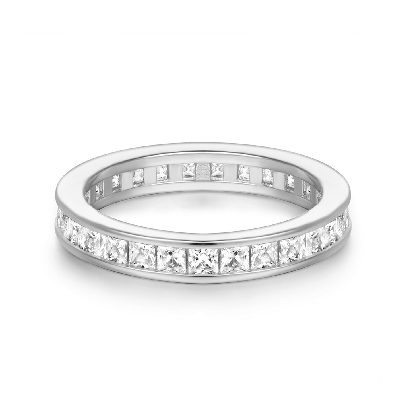Silver-tone eternity band with clear stones set across the top and full circumference