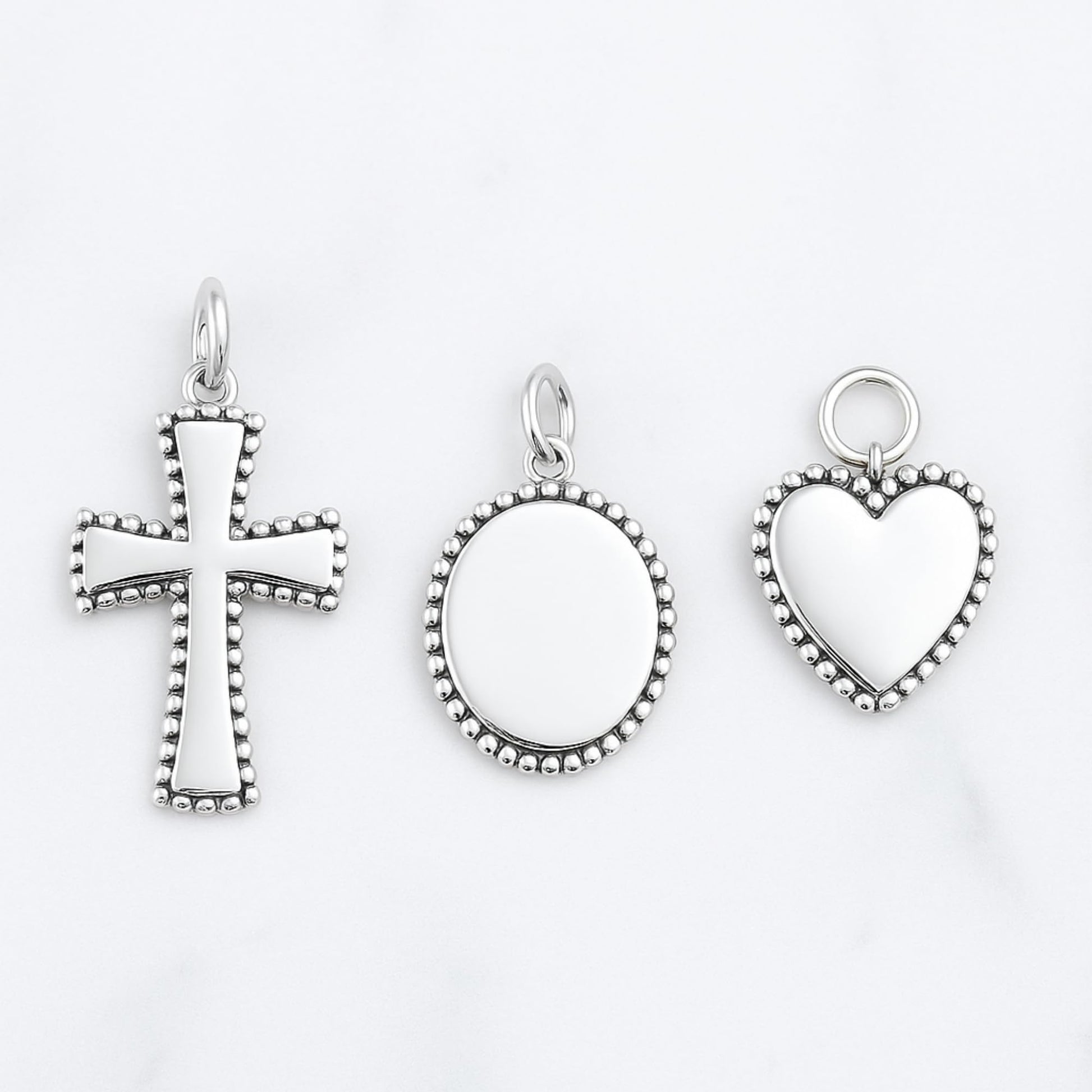 Oxidised beaded circle charm, silver-toned round bead-bordered charm with top loop