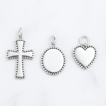 Oxidised beaded circle charm, silver-toned round bead-bordered charm with top loop