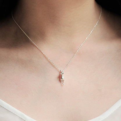 Sterling Silver Matte Hanging Cat Jumping Kitten Pendant Necklace