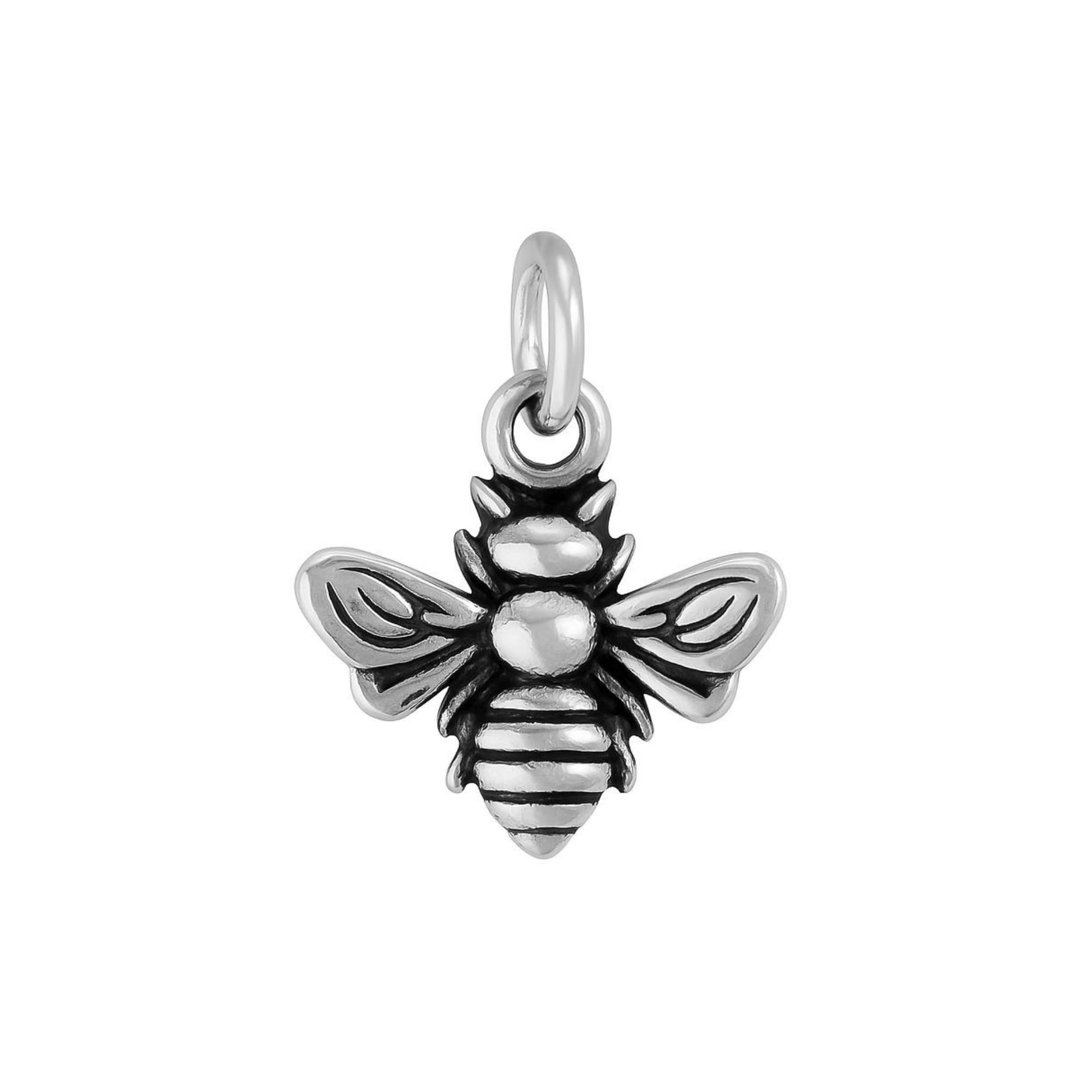 Bumble bee charm pendant, silver-toned with black enamel stripes and top loop
