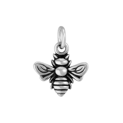 Bumble bee charm pendant, silver-toned with black enamel stripes and top loop