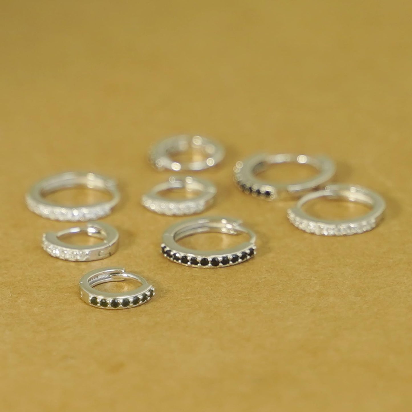 Sterling Silver 8mm 11mm Hoop Huggie White Black CZ Hinged Half Eternity Earrings