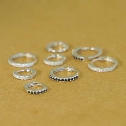 Sterling Silver 8mm 11mm Hoop Huggie White Black CZ Hinged Half Eternity Earrings