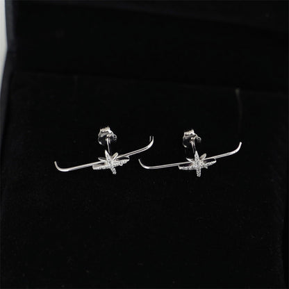 Sterling Silver 9mm North Pole Star Pave CZ Suspender Bar Cuff Stud Earrings 2 Tones Rhodium / 18K Gold