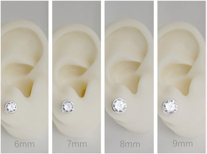 Sterling Silver CZ Solitaire Stud Earrings Round Bezel Set, Simulated Diamond, 3mm-8mm, Clear & Black, Unisex