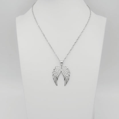 Sterling Silver Angel Feather Wing Earrings & Pendant Set with Paved CZ Stone