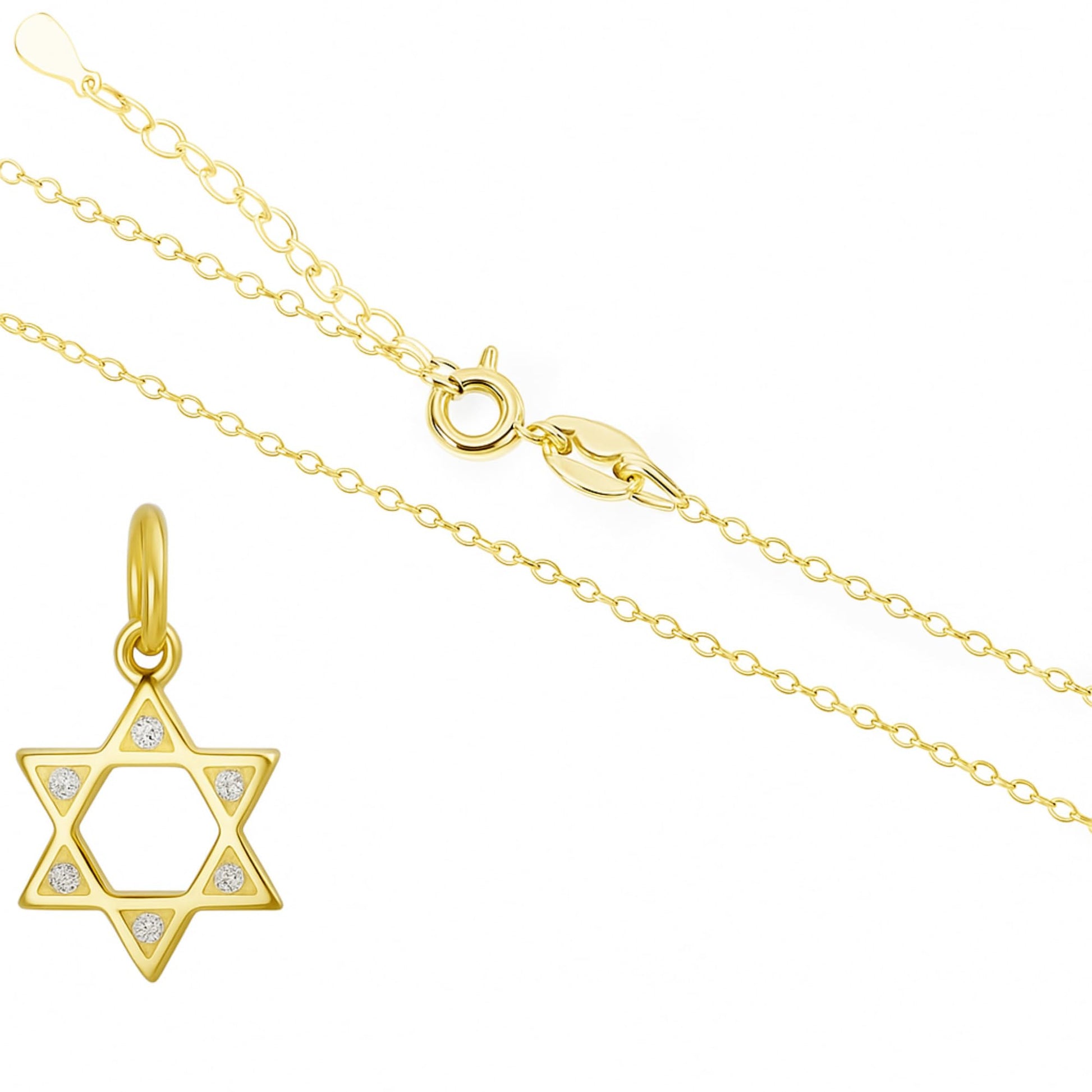 Gold chain necklace with Star of David pendant and six round gemstones