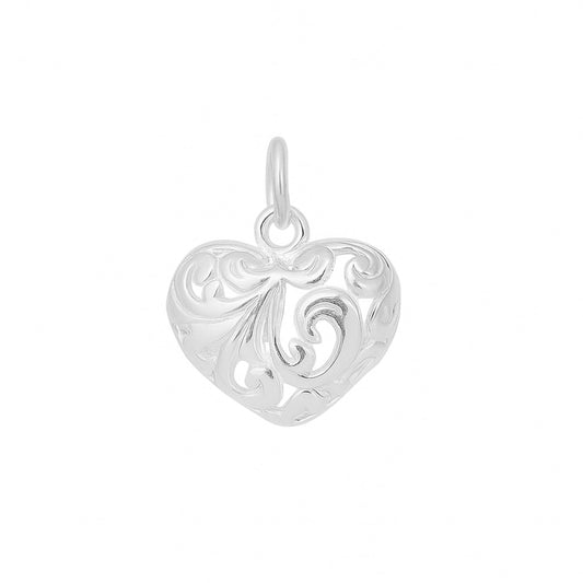 Sterling Silver Filigree Floral Puffy Double Sided Love Heart Pendant for Necklace Bracelet