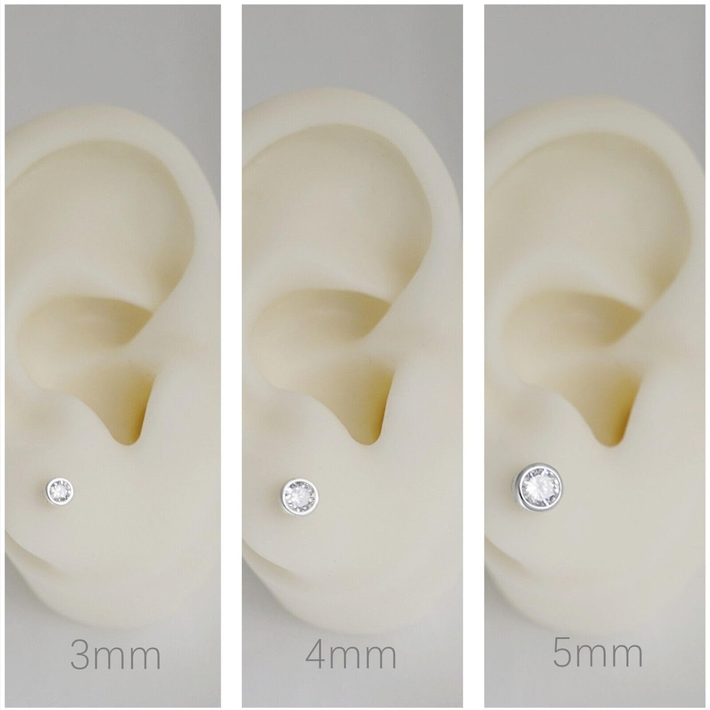 Sterling Silver CZ Solitaire Stud Earrings Round Bezel Set, Simulated Diamond, 3mm-8mm, Clear & Black, Unisex