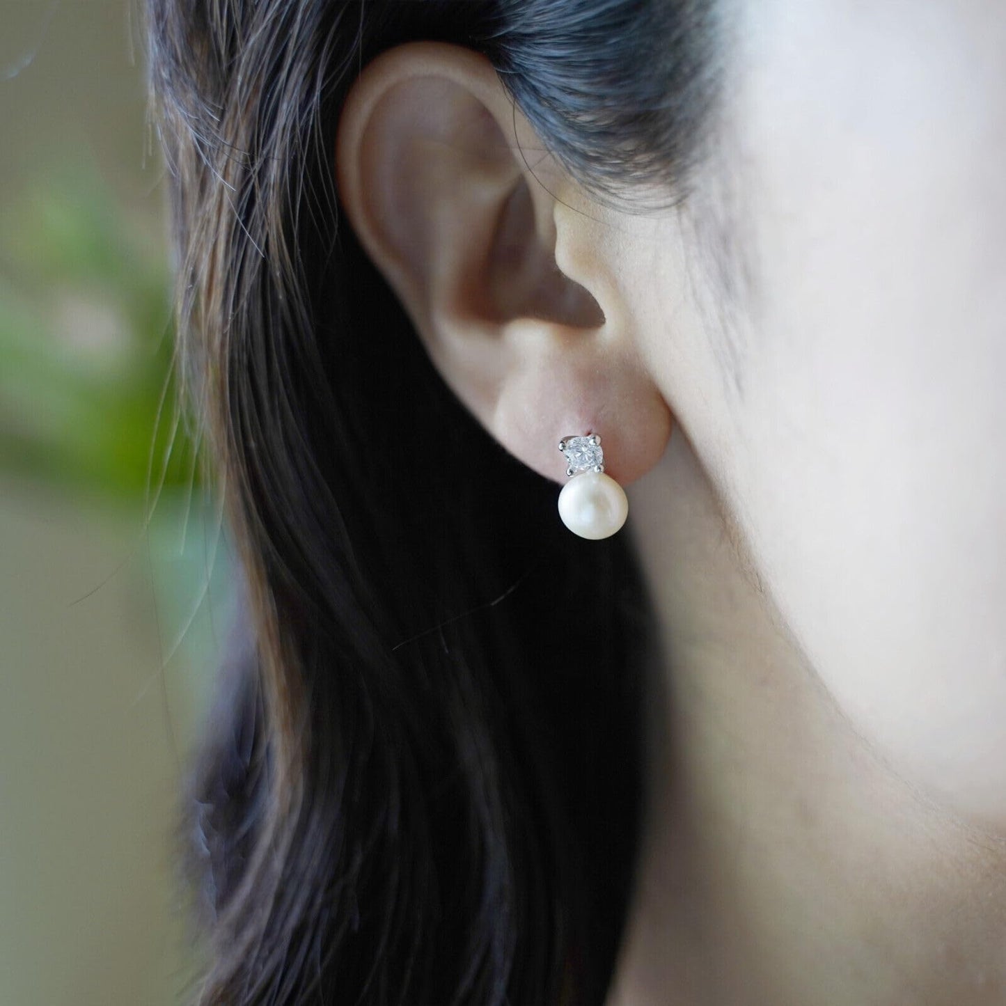 Sterling Silver 7-7.5MM Cultured White Freshwater Pearl 4mm CZ Studs Earrings